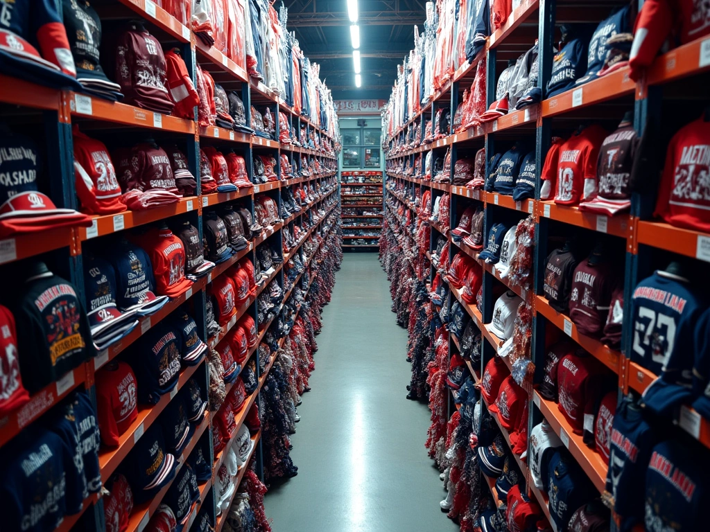 An overhead view of a massive sports merchandise warehouse, overflowing with jerseys, scarves, and other fan gear, all bra...