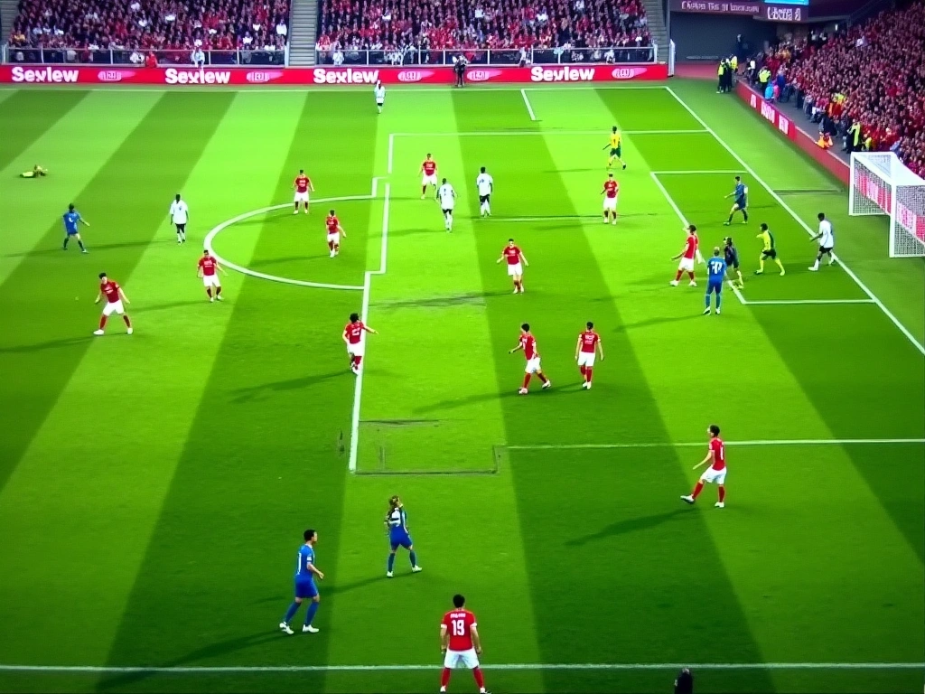 A photorealistic depiction of a soccer field viewed from above during a match. The formation on one side appears disjointe...