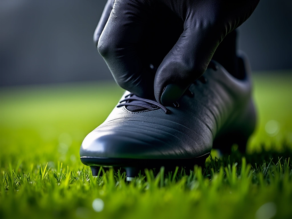 Close-up shot of a gloved hand inspecting the studs of a soccer cleat on a lush green field, focusing on the details of th...