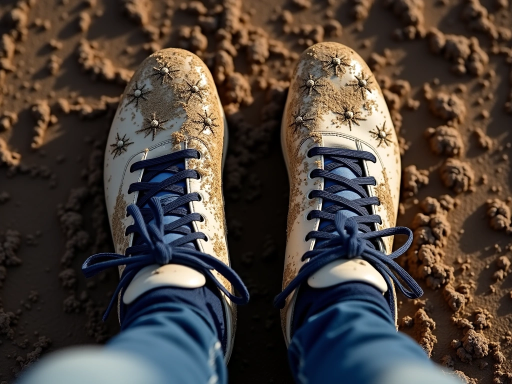 Overhead shot of a pair of soccer cleats with metal studs sinking into a muddy soccer field. Focus on the texture of the m...