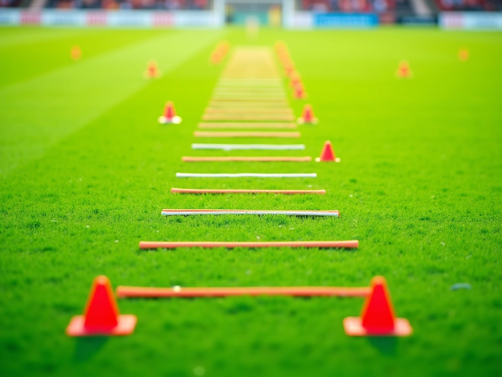 Photorealistic image of an agility ladder laid out on a vibrant green soccer field. The ladder is slightly blurred, sugges...
