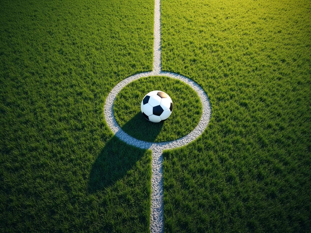 Photorealistic top-down view of a soccer field section, focusing on a single soccer ball placed precisely on a chalk line ...