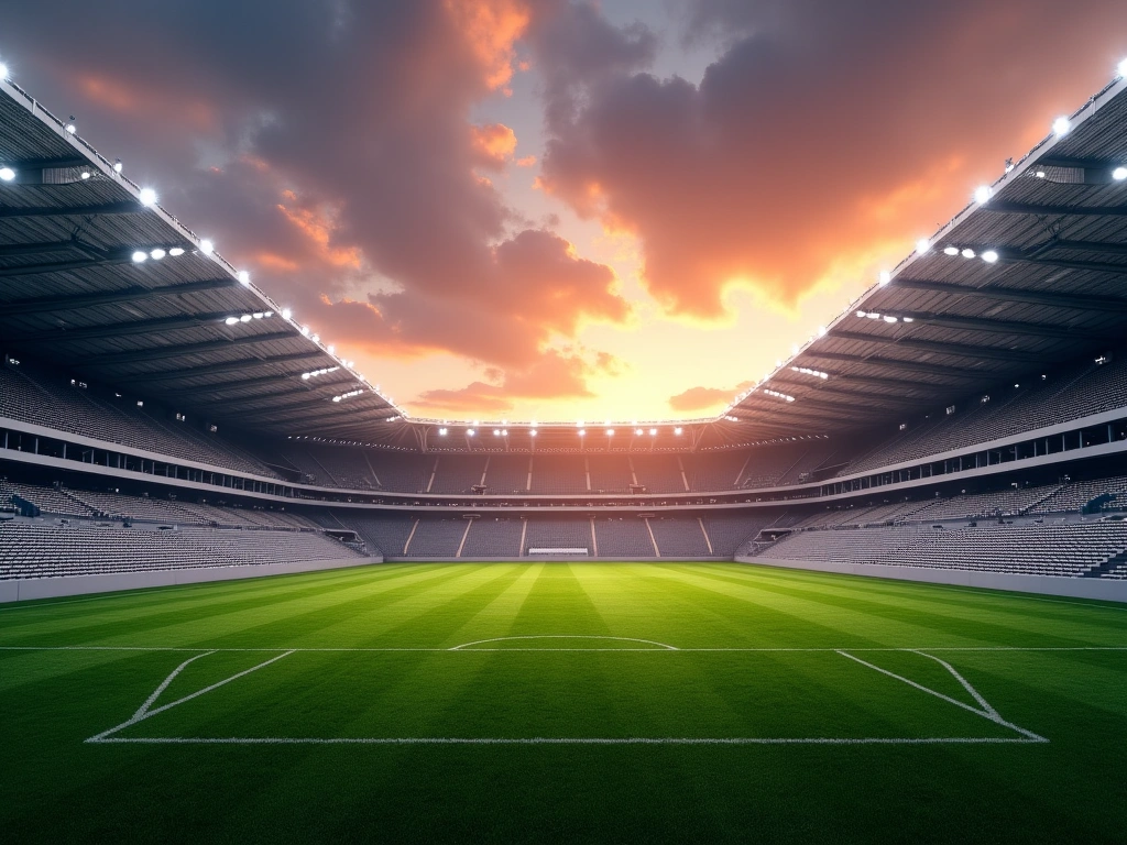 A wide, photorealistic shot of an empty Olympic stadium at dusk, focusing on the architecture and the empty green field. T...