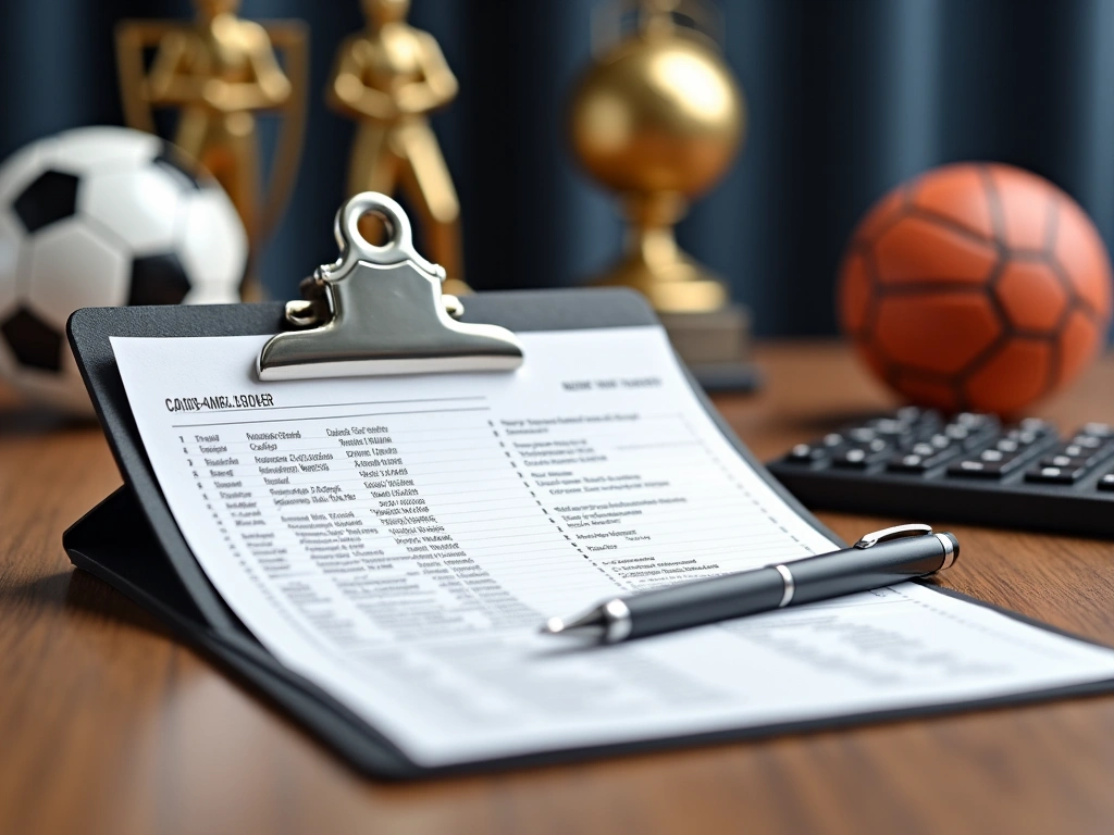 A photorealistic image of a clipboard with a soccer roster on it. The roster is partially obscured, but visible are names,...
