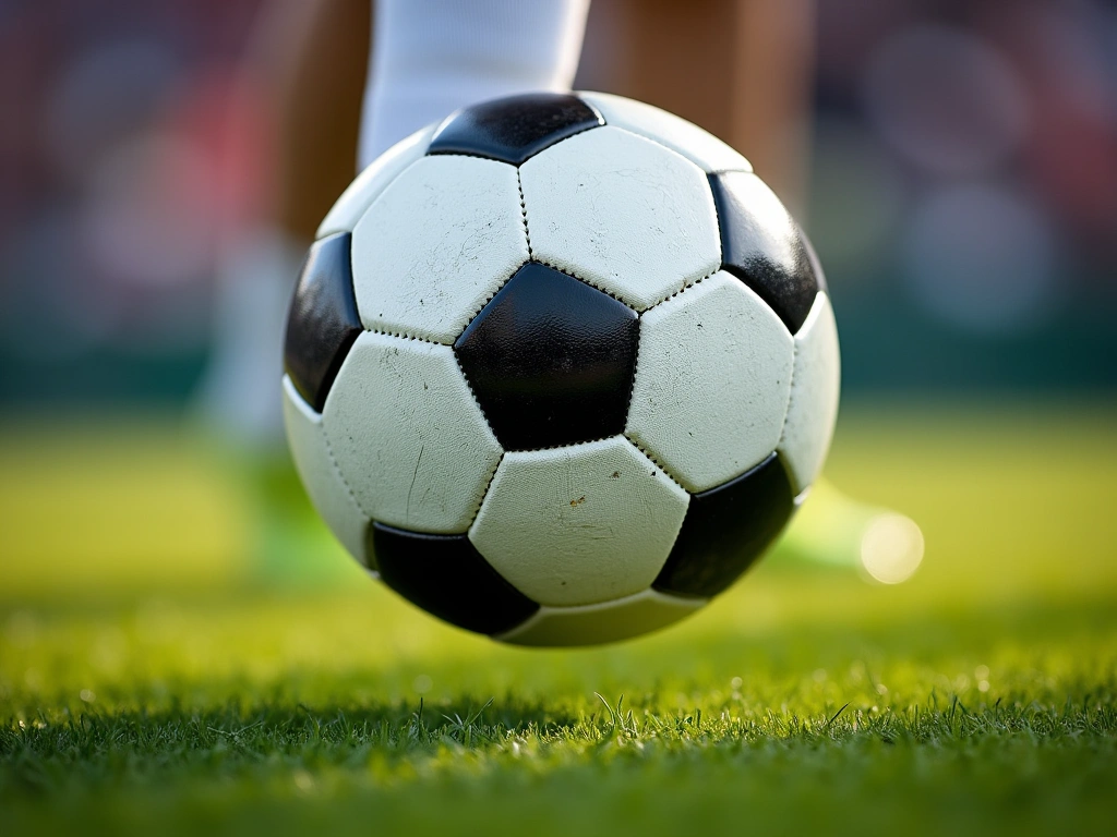 Photorealistic image of a soccer ball at the apex of a perfect first touch, suspended inches above the manicured grass of ...