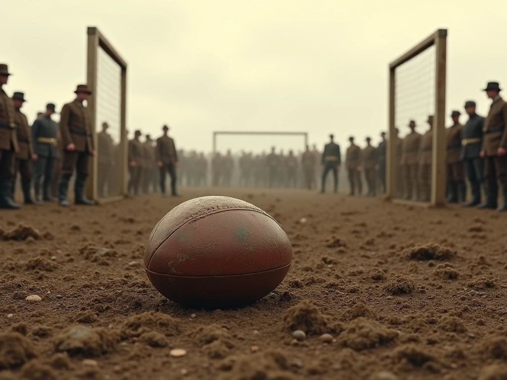 A sepia-toned, photorealistic recreation of a muddy 19th-century football pitch, with a worn leather ball in the center. W...