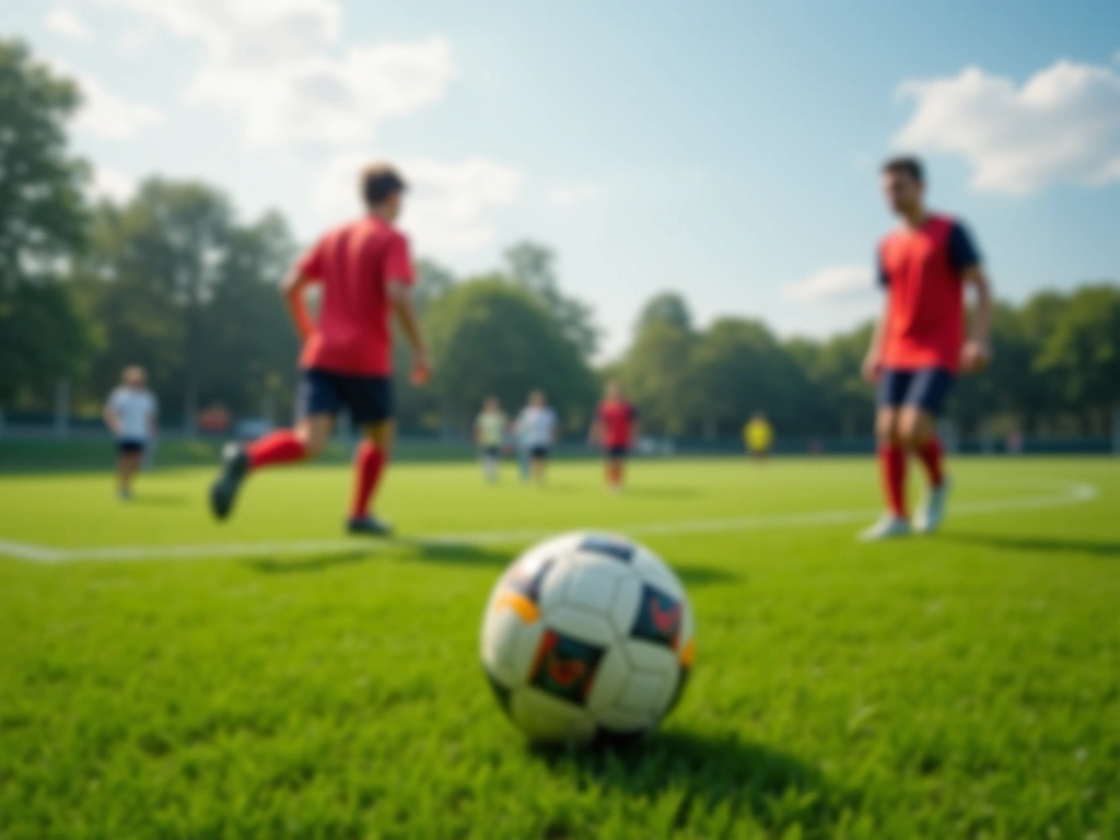 A soccer field during an intense small-sided game (SSG) training session. Focus on the blurred motion of the soccer ball a...