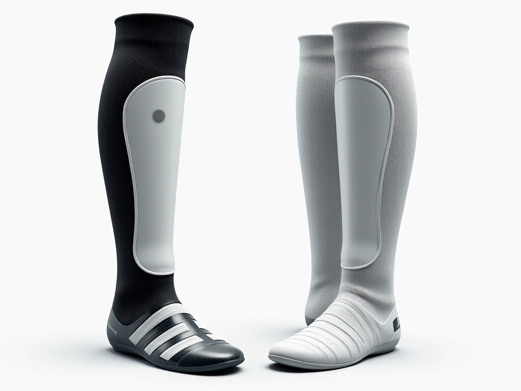Photorealistic image showing two soccer shin guards side by side. On the left, a slip-in guard with a compression sleeve. ...
