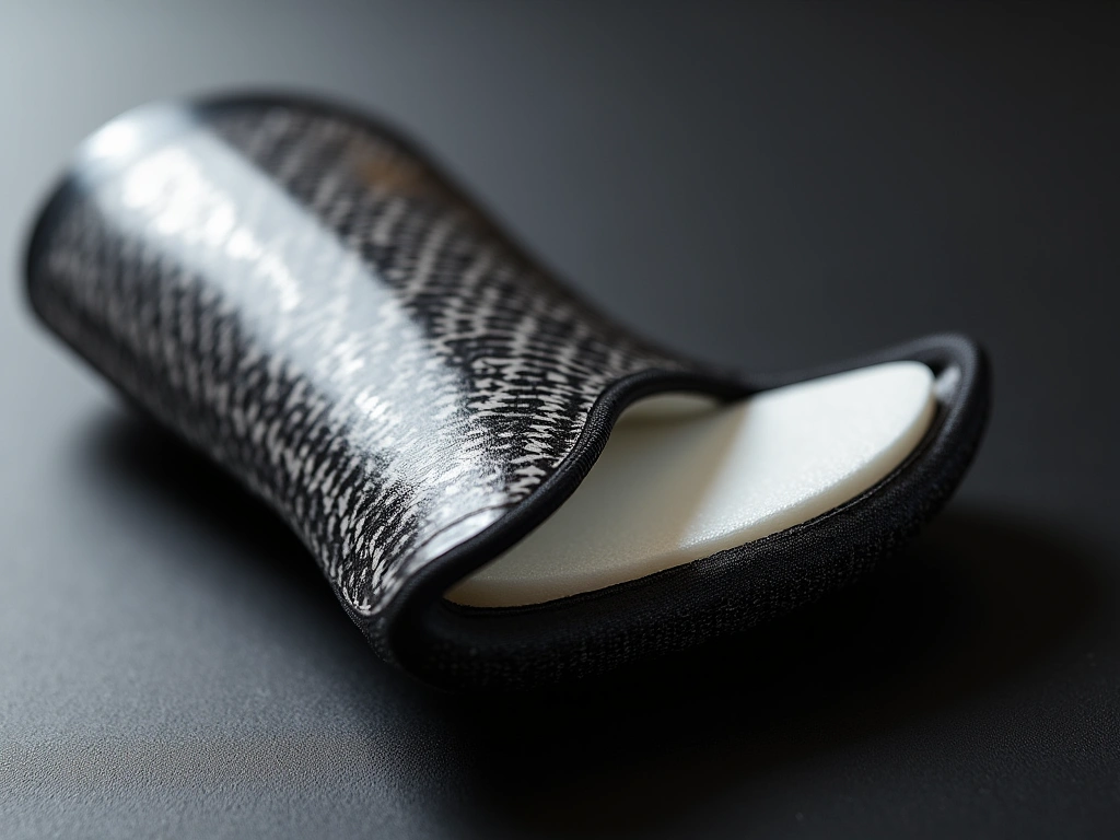 Close-up photorealistic shot of a cross-section of a soccer shin guard, showcasing the rigid outer shell made of carbon fi...