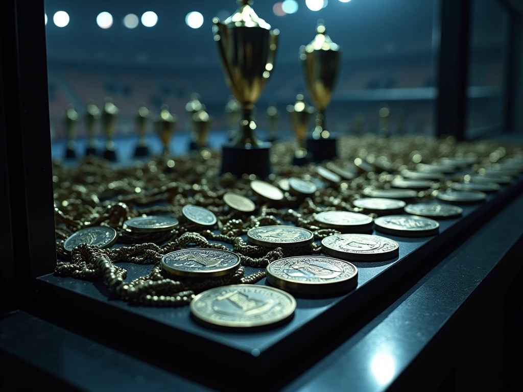 A dimly lit trophy cabinet, filled with silver medals and runner-up trophies, dust accumulating on each item. The backgrou...