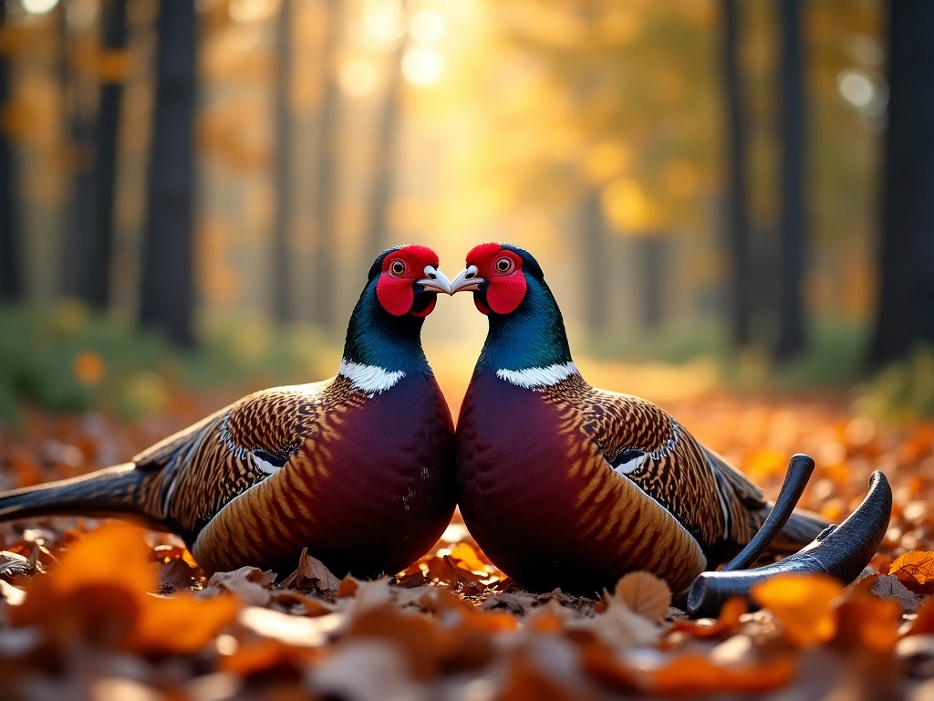 Photorealistic still life of two freshly hunted pheasants lying side-by-side on a bed of fallen autumn leaves, bathed in s...