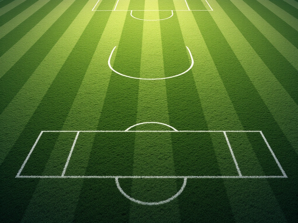 Photorealistic, close-up aerial view of the penalty area on a soccer field. Focus on the white lines of the 18-yard box, t...
