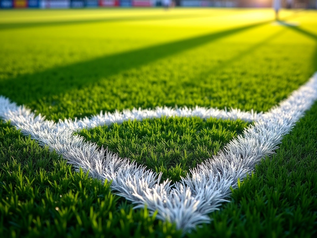 Photorealistic, eye-level view of a meticulously manicured soccer field (pitch). Focus on the vibrant green grass, crisply...