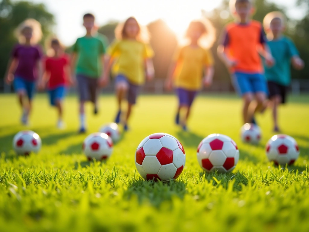 A vibrant, colorful soccer field during a sunny day, focusing on a cluster of small soccer balls scattered playfully acros...