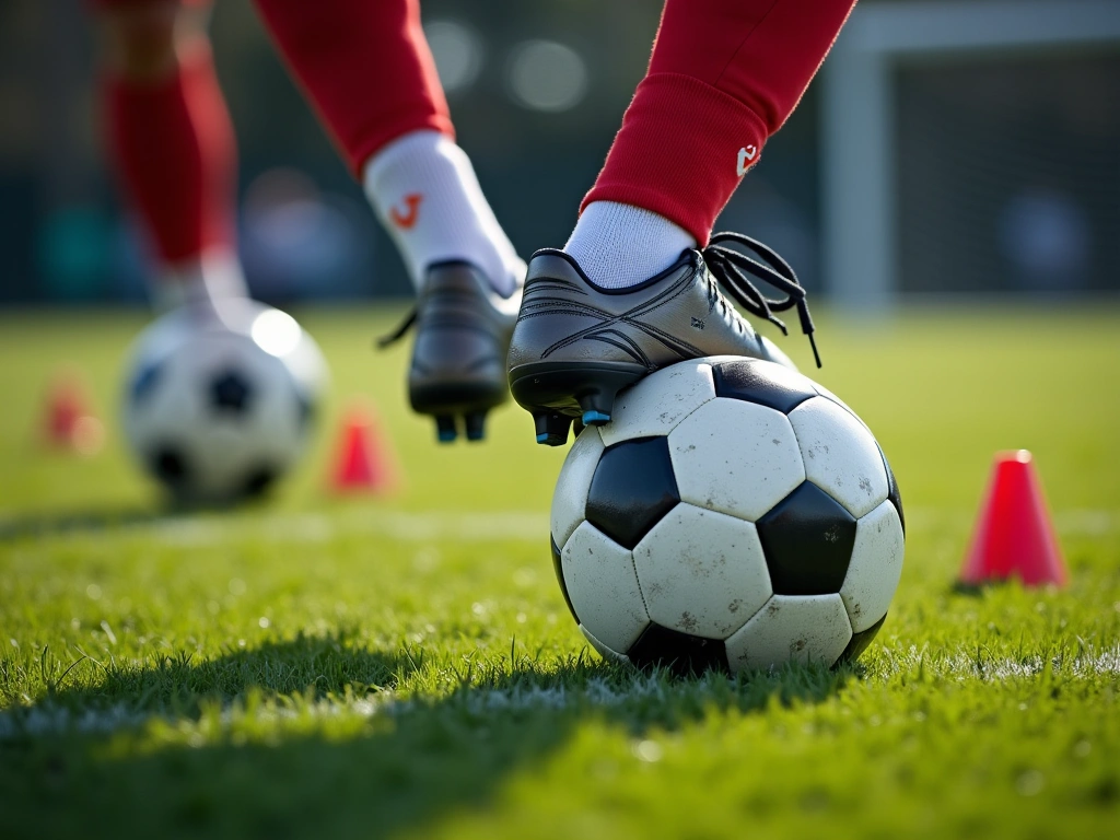 A close-up shot of a soccer ball being kicked with precision. The focus is on the foot connecting with the ball, showcasin...