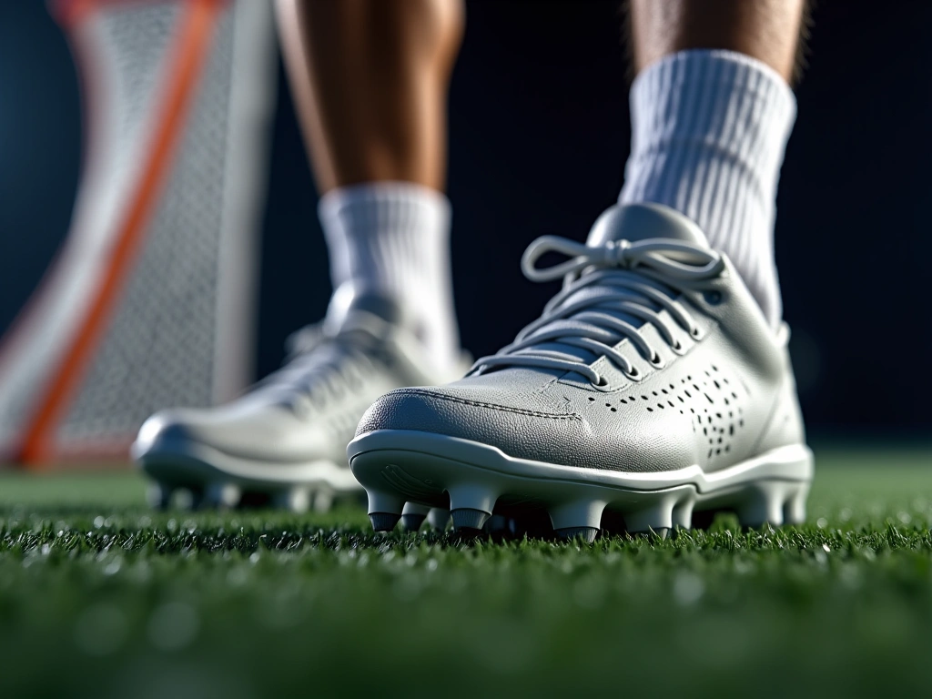 Photorealistic image of lacrosse cleats firmly planted on artificial turf, highlighting the aggressive stud pattern and re...