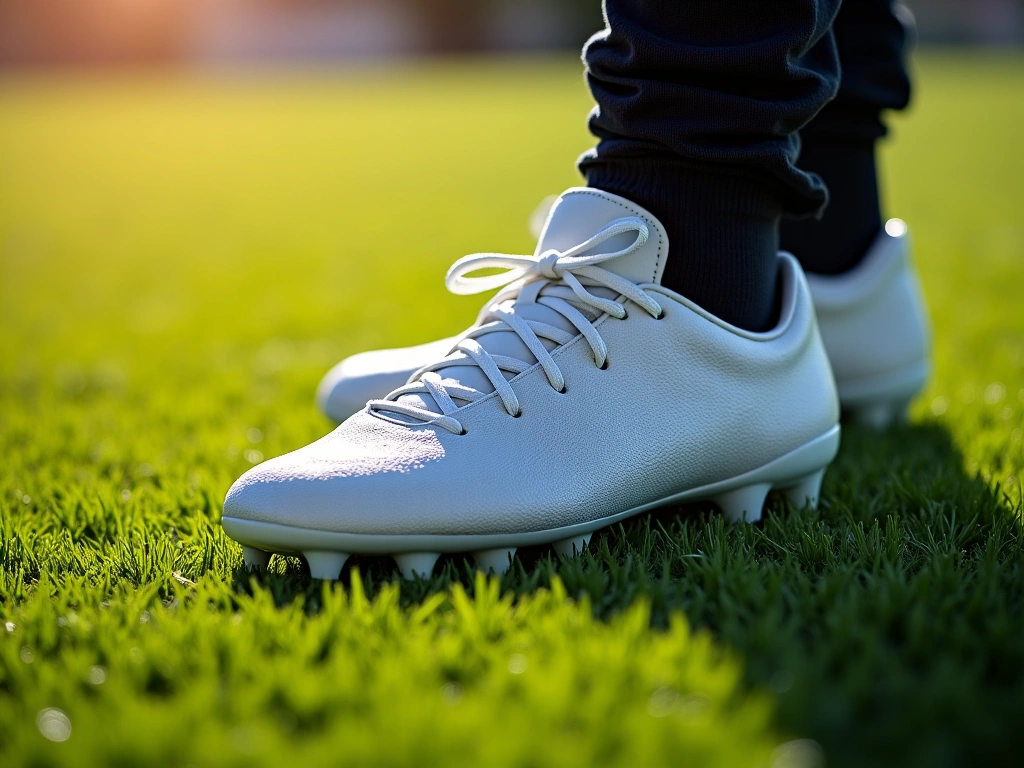 Photorealistic close-up of soccer cleats on a vibrant green grass field, showcasing the streamlined design and low profile...