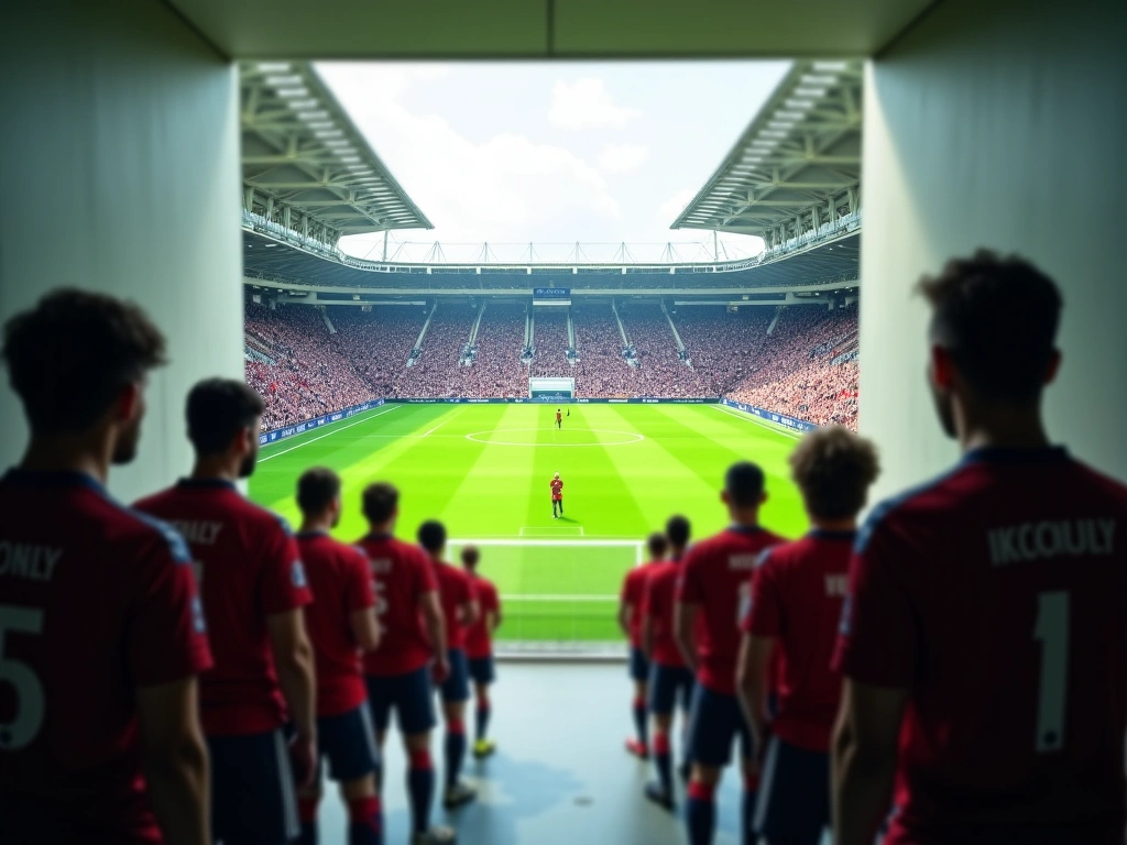 Photorealistic view from the players' tunnel onto a vibrant green football pitch, just before an international match. Blur...
