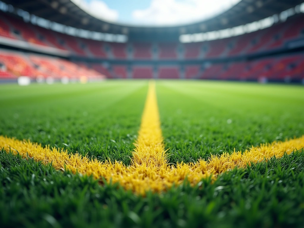 Photorealistic image of a rectangular soccer field grid viewed from a low angle. The grid lines are brightly colored. The ...
