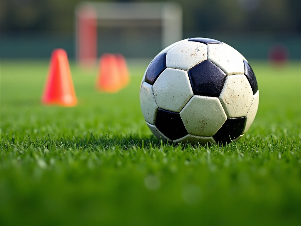 Photorealistic image of a soccer ball with a worn texture, sitting on a vibrant green artificial turf field. The focus is ...