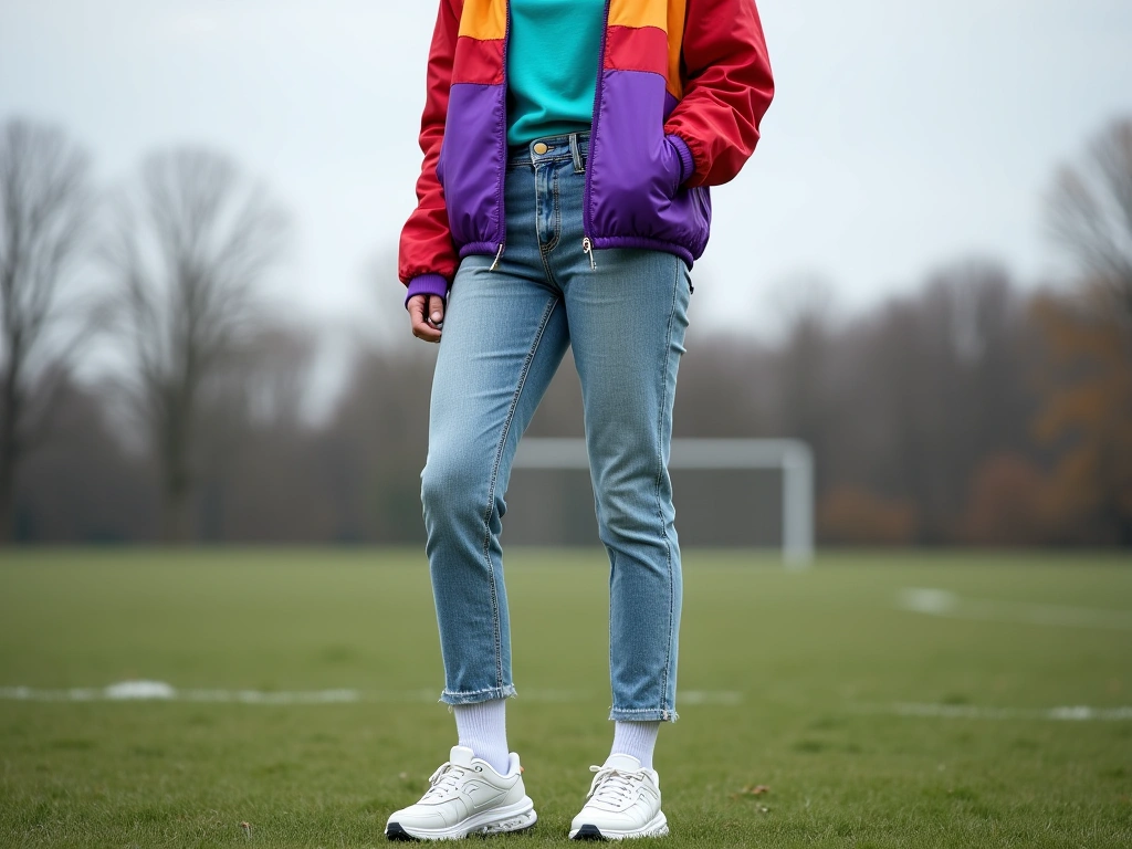 Photorealistic image of a 1990s-style soccer mom outfit. High-waisted light wash