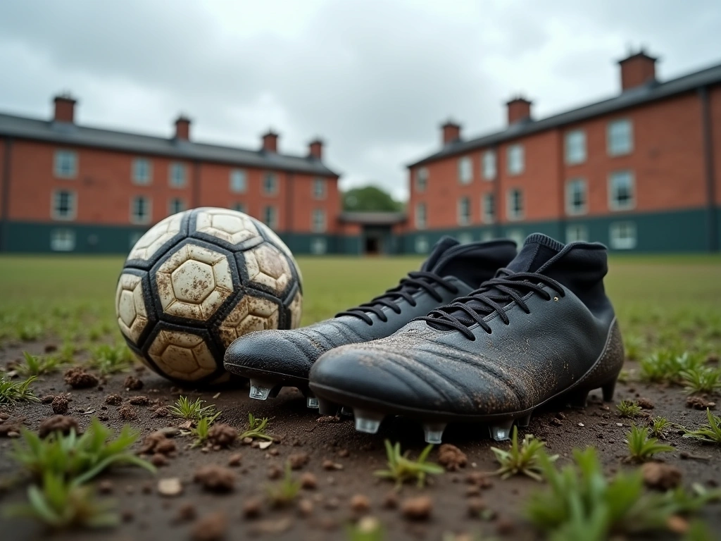 Photorealistic image of a muddy university soccer field, focusing on worn soccer cleats and a partially deflated soccer ba...