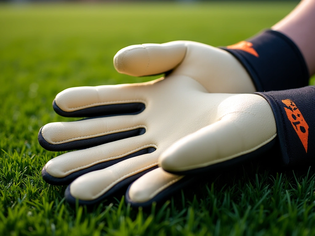 A close-up photorealistic image of a pair of goalkeeper gloves, showcasing the textured latex palm and finger-save spines,...