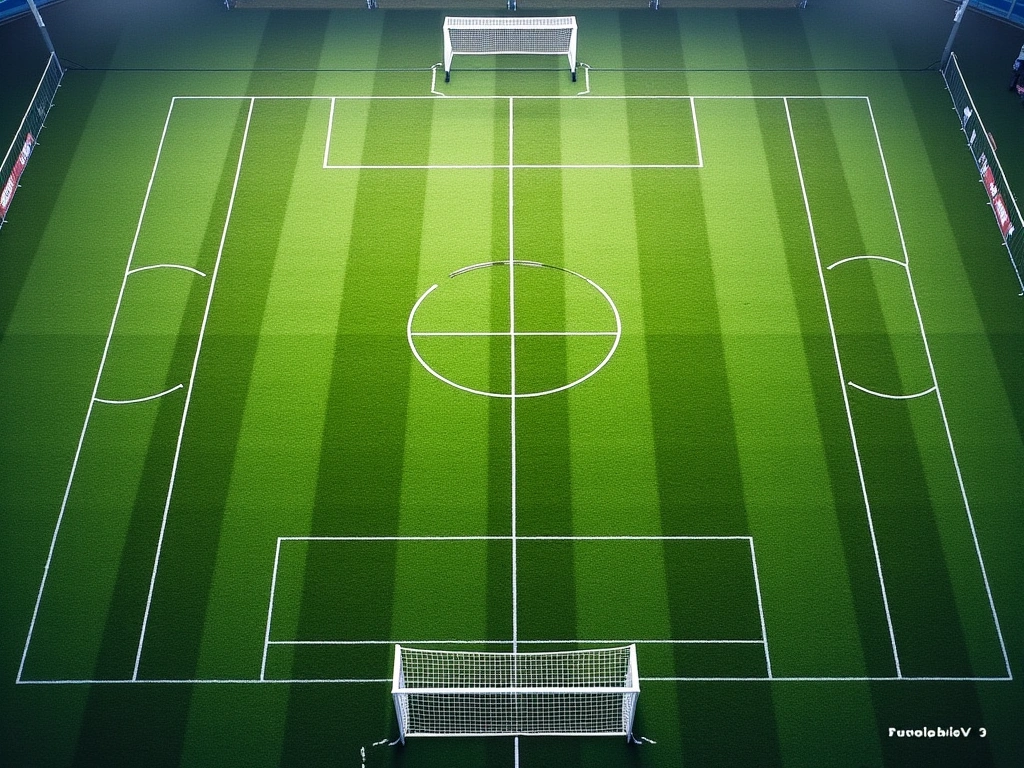 A photorealistic aerial view of a soccer field, highlighting the penalty area with crisp white lines. The focus is on the ...