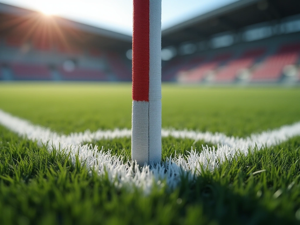 Photorealistic close-up of a soccer field corner. Focus on the corner flag, showcasing its texture and the stitching of th...