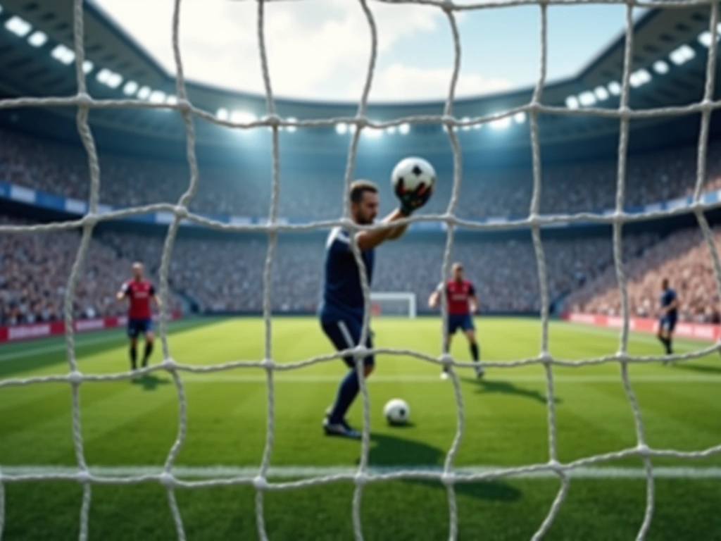 Photorealistic image of a soccer goalmouth from behind the goal. Focus on the blurred figure of a goalkeeper holding a soc...