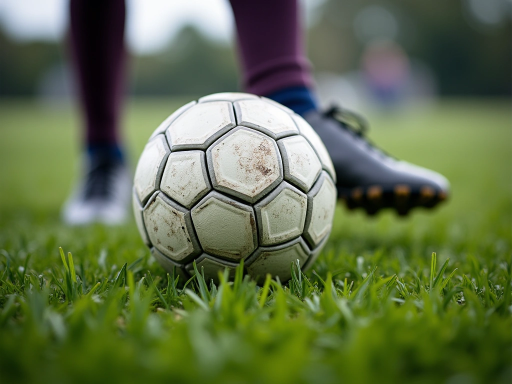 Photorealistic close-up of a soccer ball at a player's feet, slightly blurred motion, focus on the textured surface of the...