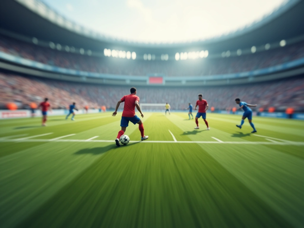 Photorealistic image of a blurred soccer field from a player's point of view, suggesting rapid head movement, focusing on ...