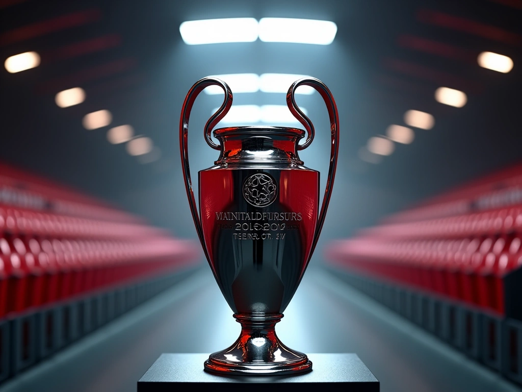 A gleaming UEFA Champions League trophy in a dimly lit stadium tunnel, focus on the intricate details of the trophy with a...