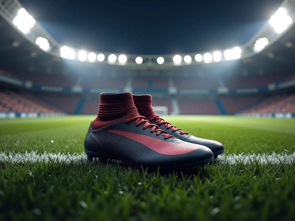 A worn-out pair of football boots with the national flag subtly stitched onto the side, sitting on the edge of a perfectly...