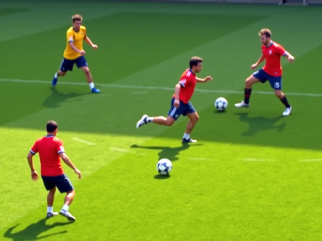 Photorealistic image of a soccer training session focusing on dynamic passing. Three players in athletic gear are position...