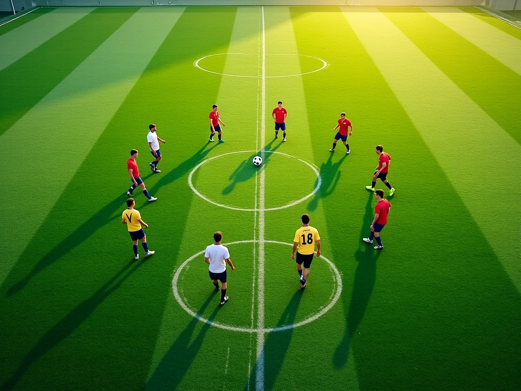 Photorealistic overhead view of a soccer training drill. Several players in brightly colored jerseys form a circle around ...
