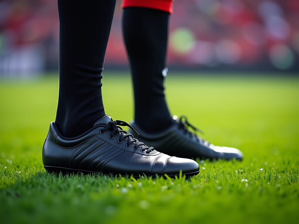 Photorealistic image of a referee's black leather soccer boot and striped sock-covered leg, standing on a vibrant green so...