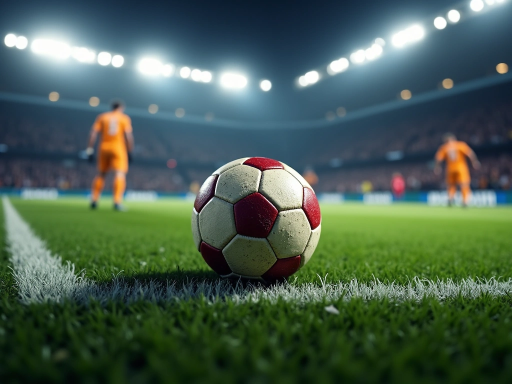 Photorealistic close-up of a worn soccer ball being slowly rolled across a meticulously maintained green soccer field towa...