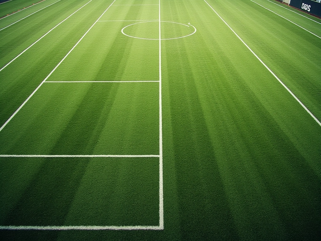 A soccer field, viewed from the sideline, showing the chalk outline of a 4-4-2 formation. The lines are crisp and precise,...