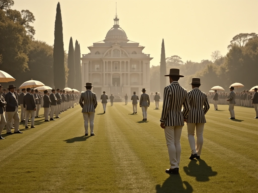A sepia-toned photograph of a late 19th-century football match in Brazil. Aristocratic men in striped blazers and knickerb...