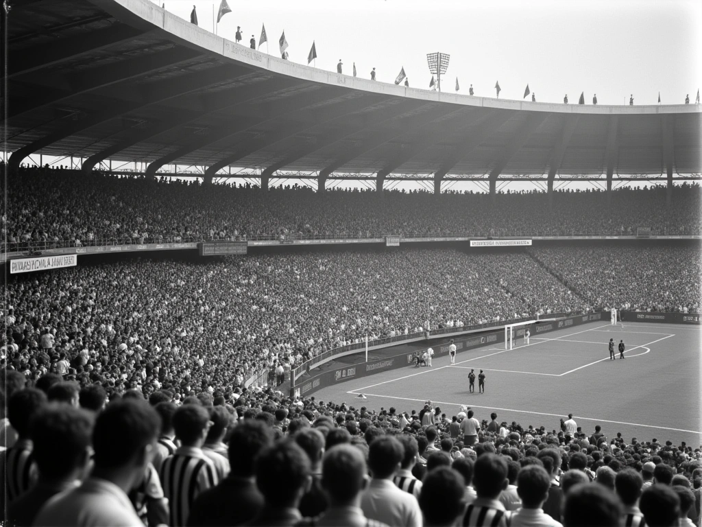 A black and white photograph of a packed football stadium in Rio de Janeiro in the 1920s. The focus is on the lower sectio...