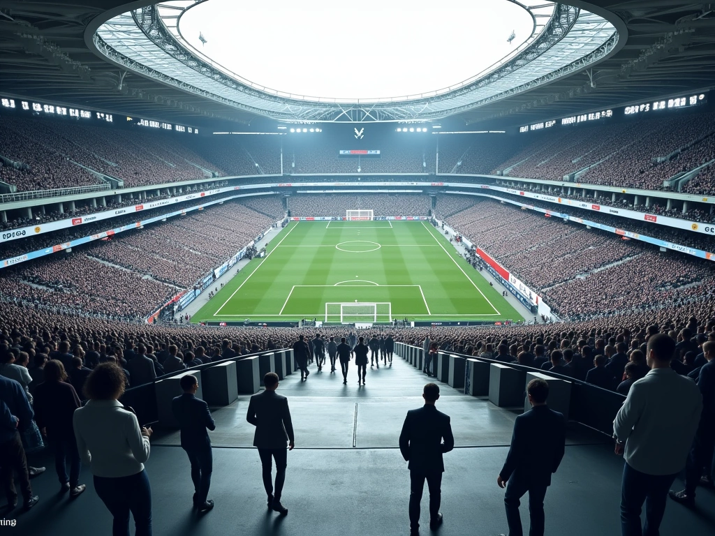 A photorealistic image of a large, modern stadium viewed from above, showcasing intricate crowd management systems, multip...