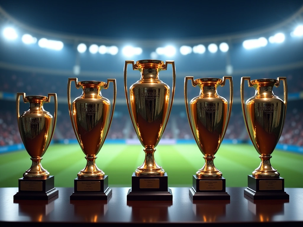 A photorealistic image of six distinct continental championship trophies arranged on a polished table, each representing U...