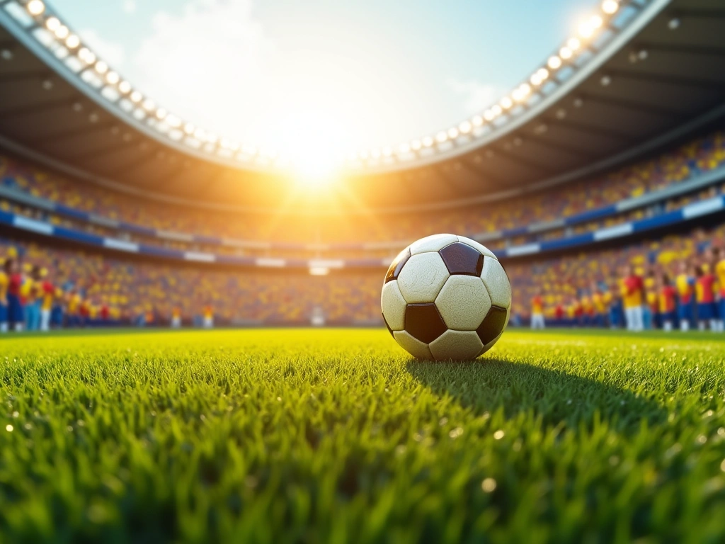 Photorealistic image of a vibrant Brazilian soccer stadium, bathed in the golden light of late afternoon. Focus on the gre...