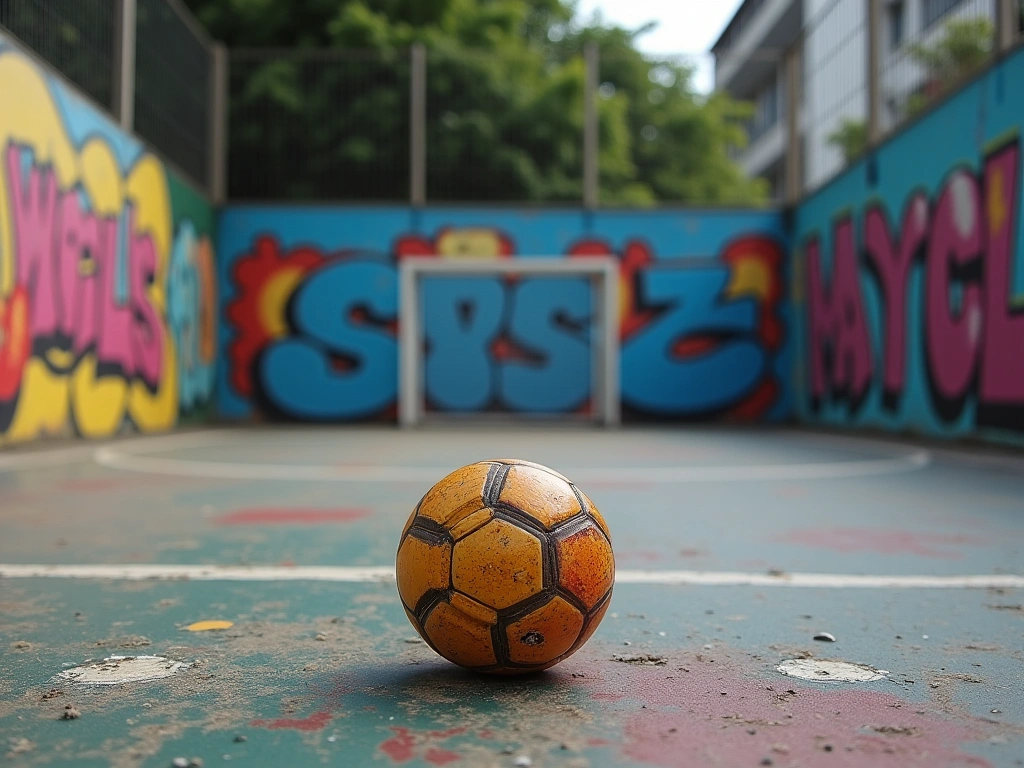 Photorealistic image of a worn, concrete futsal court in Rio de Janeiro, Brazil. The court is surrounded by colorful, graf...