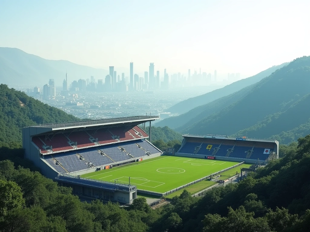 Photorealistic, slightly elevated view of a small football stadium nestled in a valley. In the distance, a larger, more mo...