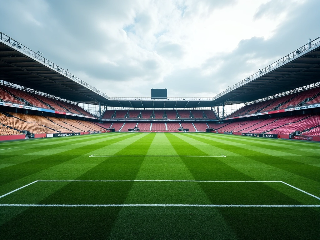 Photorealistic wide shot of a half-empty football stadium on a cloudy day. The green pitch is well-maintained, but the col...