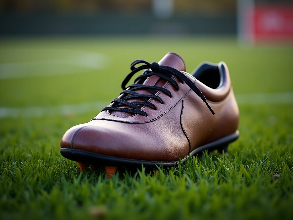 Photorealistic image of a worn, leather football boot resting on perfectly manicured grass. Subtle details suggest experie...