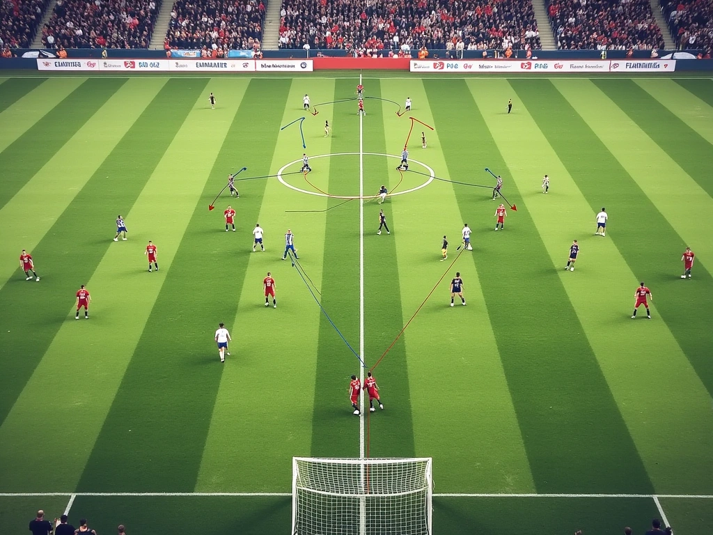 Photorealistic image of a vintage football field diagram, showing arrows illustrating overlapping runs and player position...