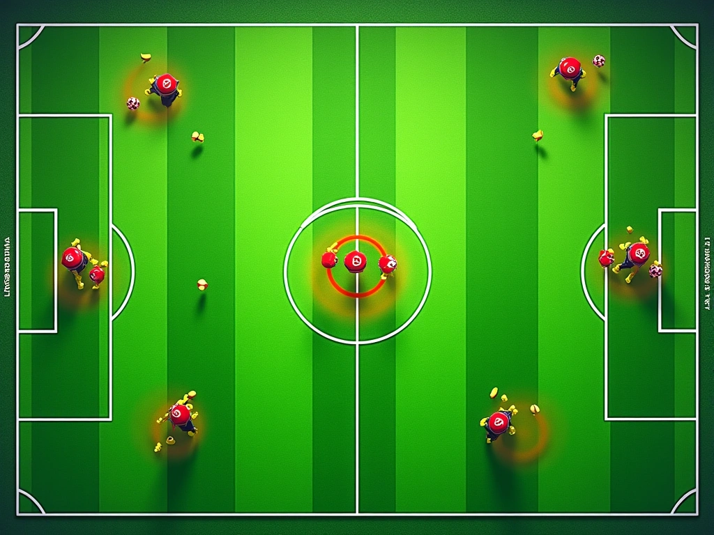 Photorealistic rendering of a stylized football pitch, focusing on the area between midfield and defense. Highlighted zone...